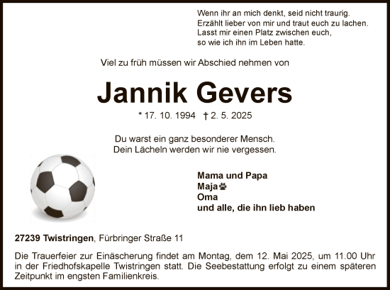 Todesanzeige von Jannik Gevers von SYK