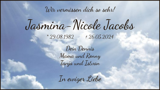 Todesanzeige von Jasmina- Nicole Jacobs von SYKS
