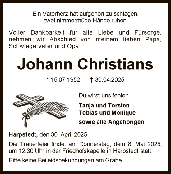 Todesanzeige von Johann Christians von SYKSYK