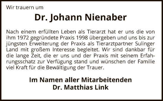Todesanzeige von Johann Nienaber von SYKS