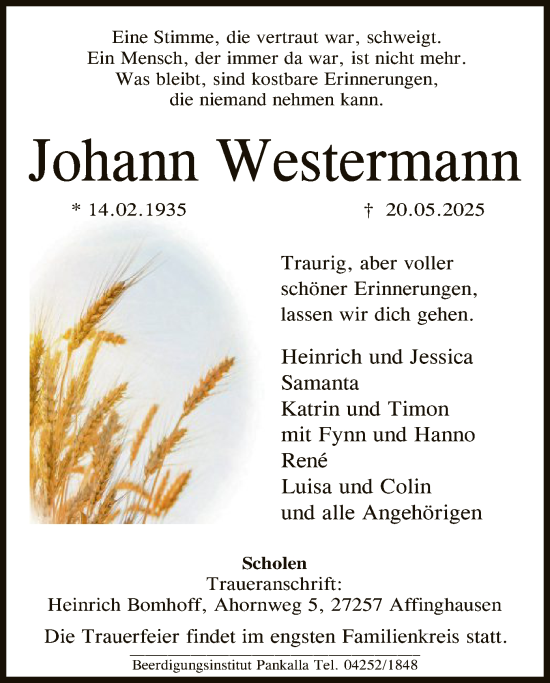 Todesanzeige von Johann Westermann von SYKS