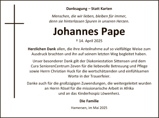 Todesanzeige von Johannes Pape von SYKR