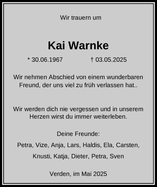 Todesanzeige von Kai Warnke von SYK