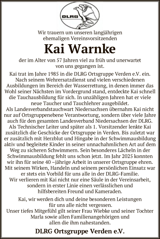 Todesanzeige von Kai Warnke von SYK