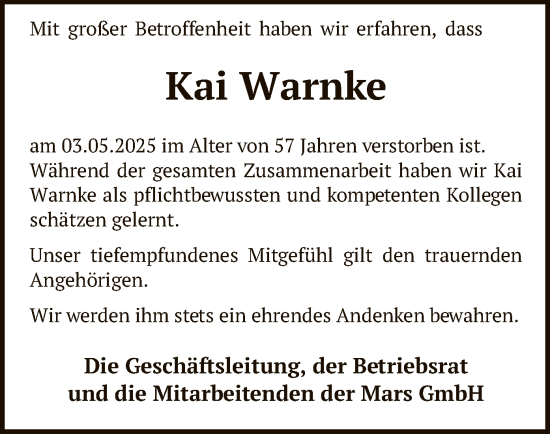 Todesanzeige von Kai Warnke von SYK