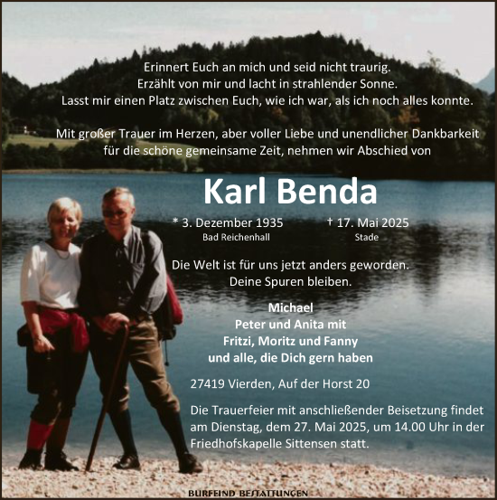 Todesanzeige von Karl Benda von SYKR