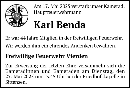 Todesanzeige von Karl Benda von SYKR