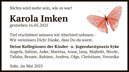 Todesanzeige von Karola Imken von SYKS