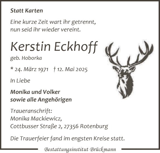Todesanzeige von Kerstin Eckhoff von SYKR