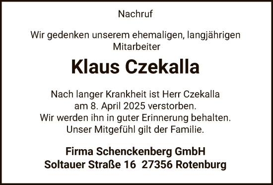Todesanzeige von Klaus Czekalla von SYK