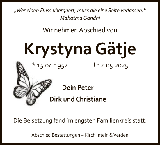 Todesanzeige von Krystyna Gätje von SYKS