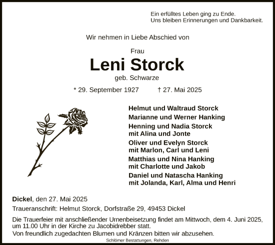Todesanzeige von Leni Storck von SYKS