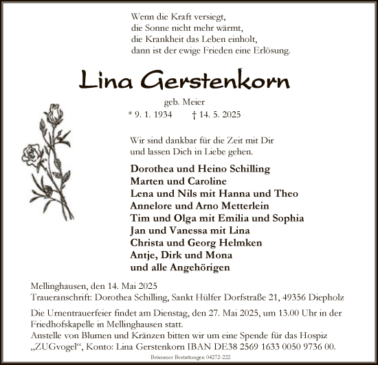 Todesanzeige von Lina Gerstenkorn von SYK
