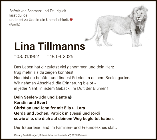 Todesanzeige von Lina Tillmanns von SYK
