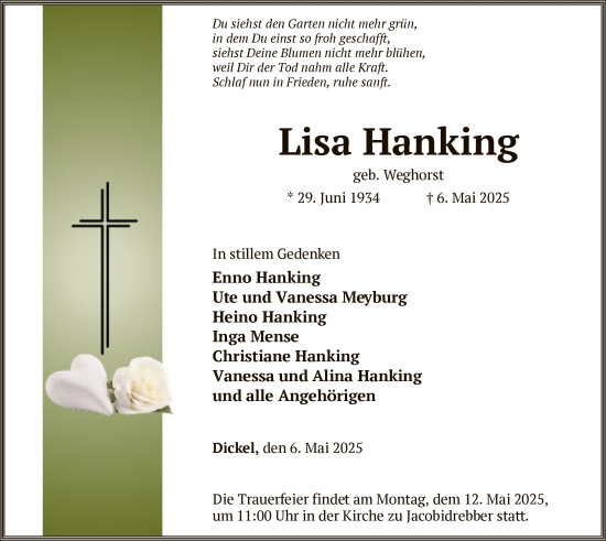 Todesanzeige von Lisa Hanking von SYK