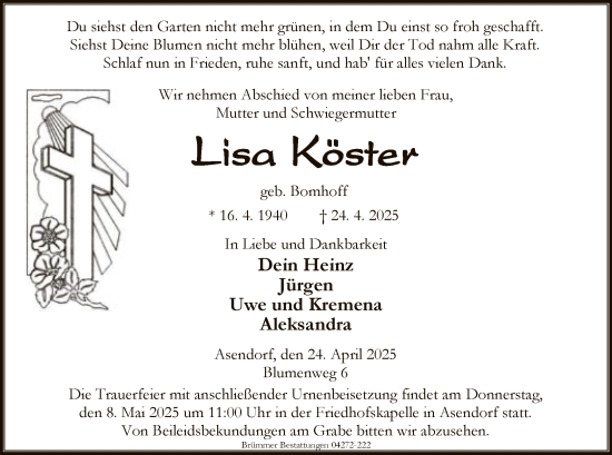 Todesanzeige von Lisa Köster von SYK