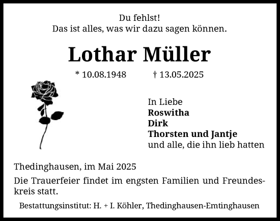 Todesanzeige von Lothar Müller von SYKS