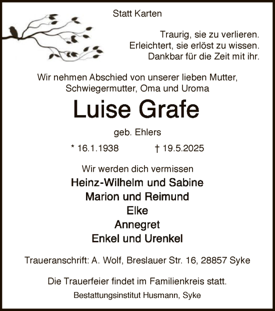 Todesanzeige von Luise Grafe von SYKS