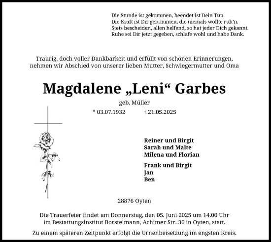 Todesanzeige von Magdalene Garbes von SYKS