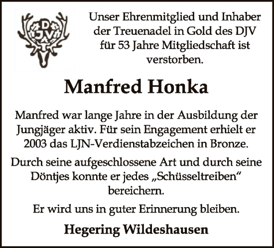 Todesanzeige von Manfred Honka von SYK