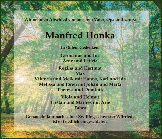 Todesanzeige von Manfred Honka von SYK