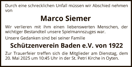 Todesanzeige von Marco Siemer von SYK