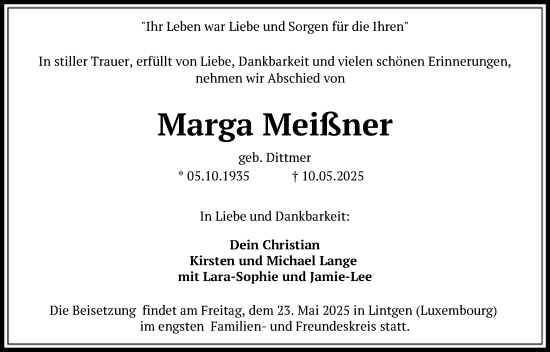 Todesanzeige von Marga Meißner von SYKR