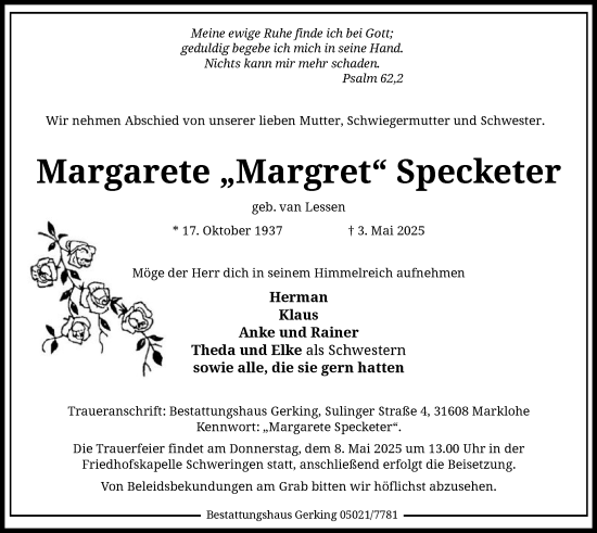 Todesanzeige von Margarete Specketer von SYK