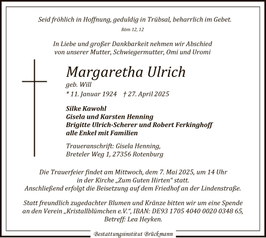 Todesanzeige von Margaretha Ulrich von SYK