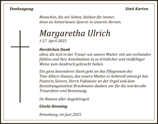 Todesanzeige von Margaretha Ulrich von SYKR