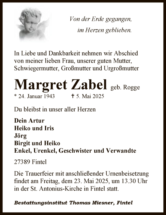 Todesanzeige von Margret Zabel von SYK