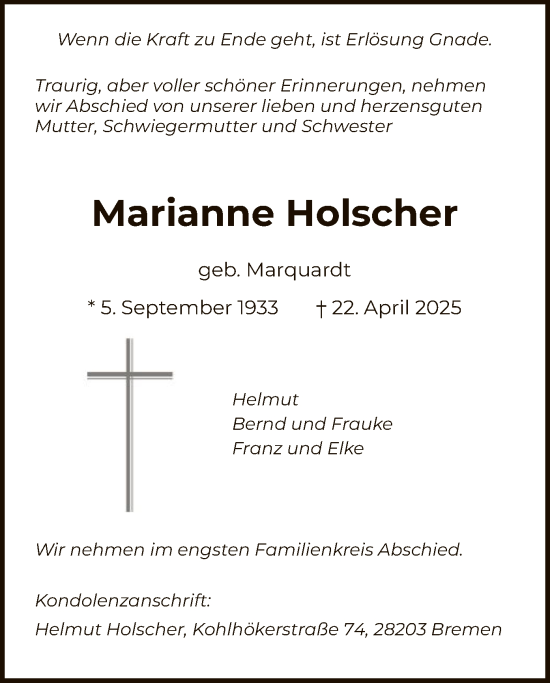 Todesanzeige von Marianne Holscher von SYK