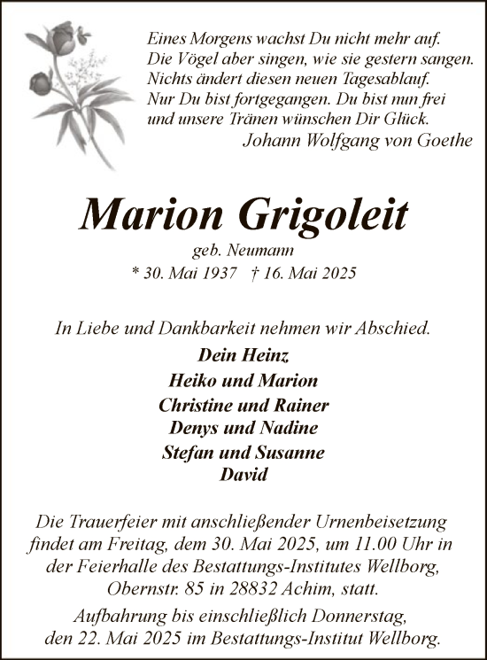 Todesanzeige von Marion Grigoleit von SYK