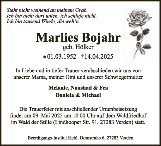 Todesanzeige von Marlies Bojahr von SYK