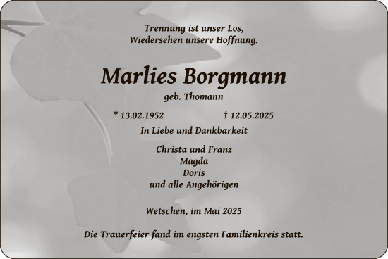 Todesanzeige von Marlies Borgmann von SYKS