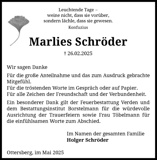Todesanzeige von Marlies Schröder von SYK