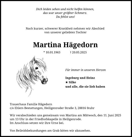 Todesanzeige von Martina Hägedorn von SYKS
