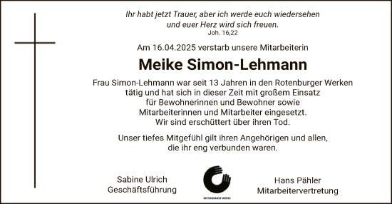 Todesanzeige von Meike Simon-Lehmann von SYK