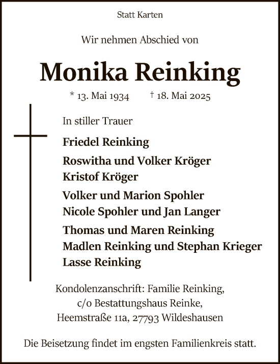 Todesanzeige von Monika Reinking von SYWZ