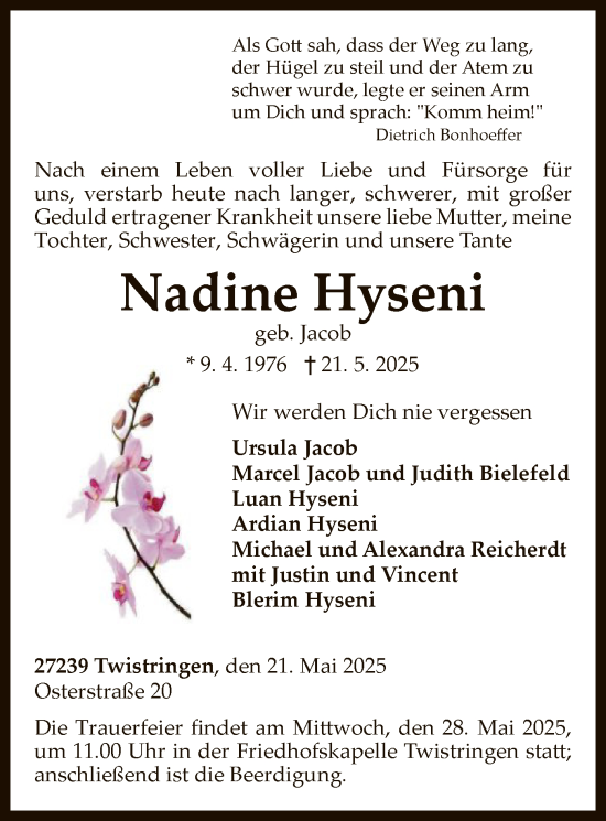 Todesanzeige von Nadine Hyseni von SYKS