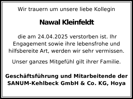Todesanzeige von Nawal Kleinfeldt von SYK