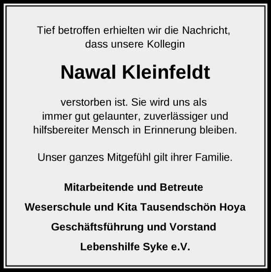 Todesanzeige von Nawal Kleinfeldt von SYK