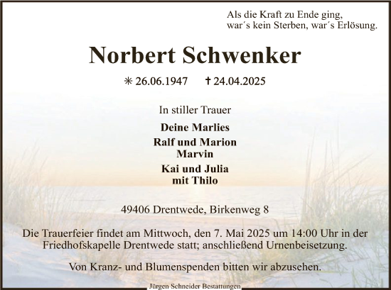 Todesanzeige von Norbert Schwenker von SYK