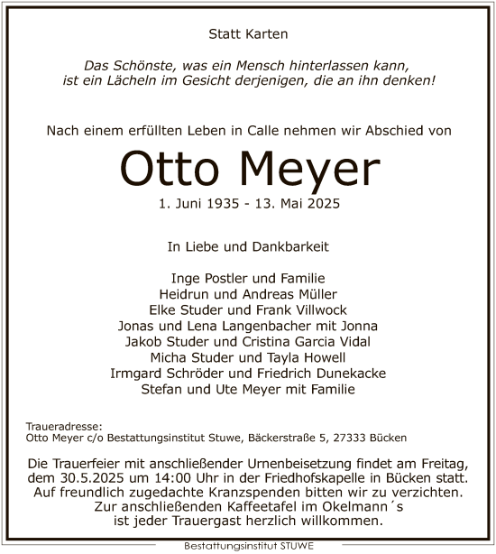 Todesanzeige von Otto Meyer von SYKS