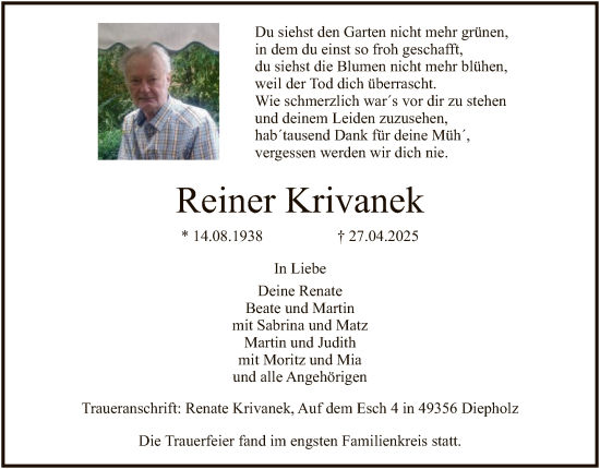 Todesanzeige von Reiner Krivanek von SYK
