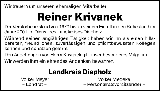 Todesanzeige von Reiner Krivanek von SYK
