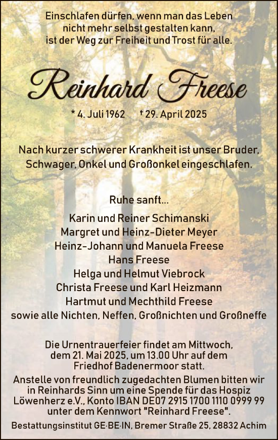 Todesanzeige von Reinhard Freese von SYK