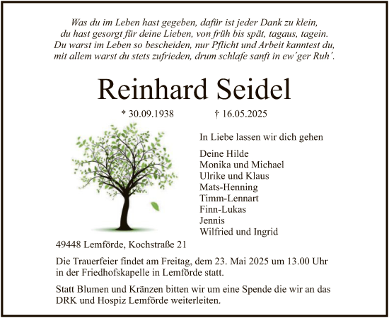 Todesanzeige von Reinhard Seidel von SYK