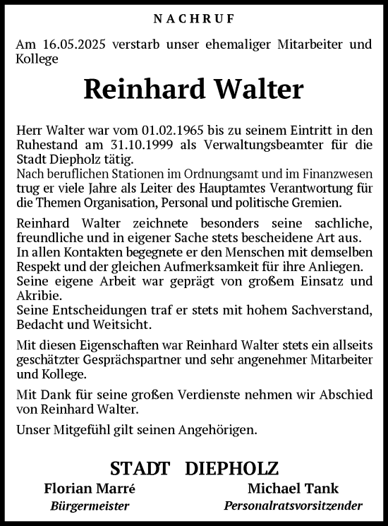 Todesanzeige von Reinhard Walter von SYKS