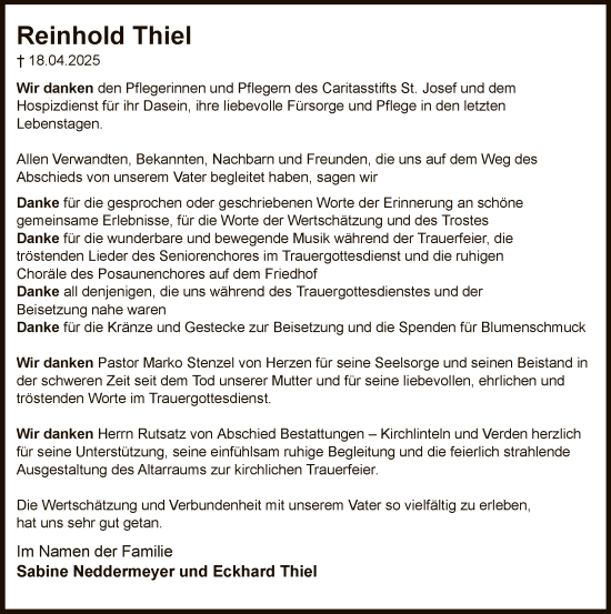Todesanzeige von Reinhold Thiel von SYKS